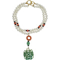 KJL Kenneth Jay Lane Art Deco Faux Jade Carved Pendant Faux Pearl Necklace