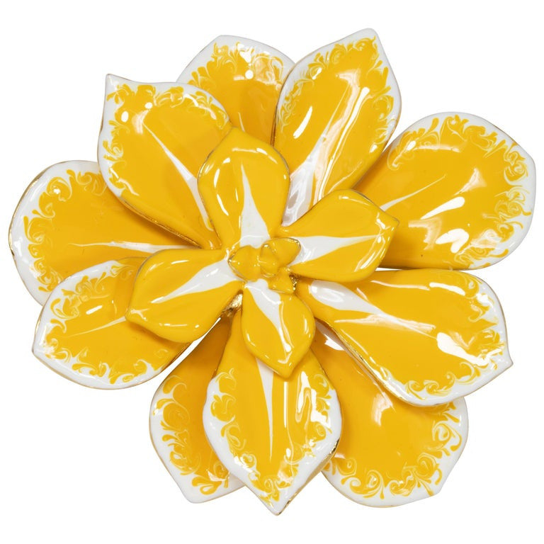 KJL Kenneth Jay Lane Blooming Flower Yellow and White Enamel Pin Brooch in Gold