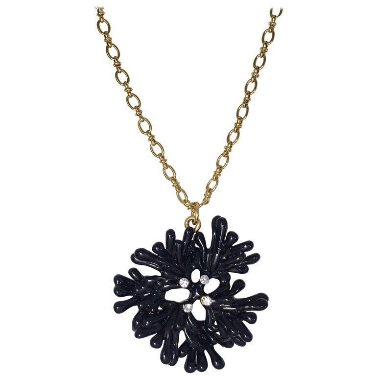 Oscar de la Renta Embellished Black Crystal Coral Motif Pendant on Gold Chain
