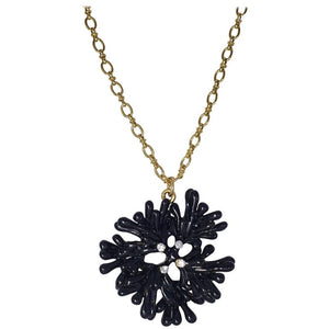 Oscar de la Renta Embellished Black Crystal Coral Motif Pendant on Gold Chain