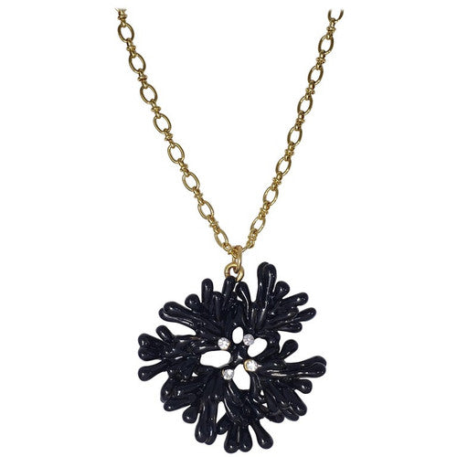 Oscar de la Renta Embellished Black Crystal Coral Motif Pendant on Gold Chain