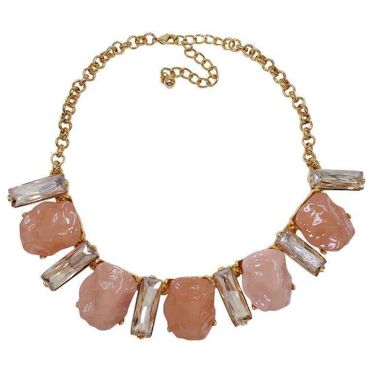 KJL Kenneth Jay Lane Clear Crystal and Pink Rock Gold Collar Necklace
