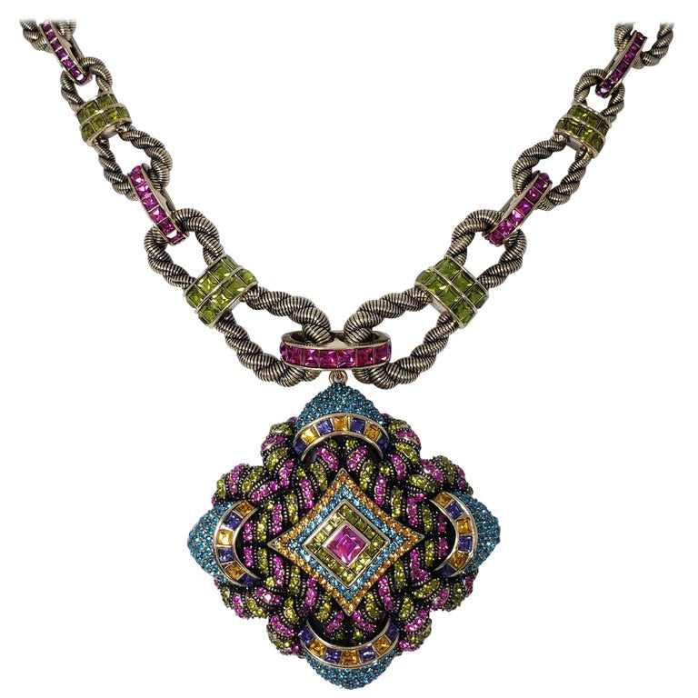 Heidi Daus Embellished Large Pendant Pave Crystal Rope Motif Link Necklace