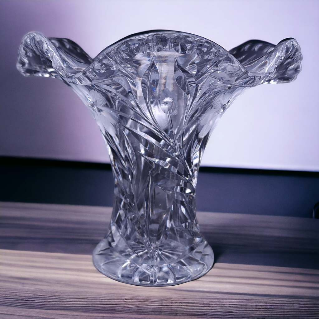 6" American Brilliant Cut Victorian Lead Crystal  Ruffle Vase
