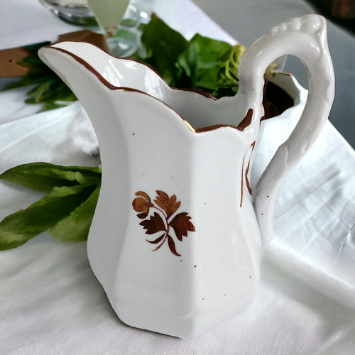 6" Anthony Shaw Hanging Leaves Copper Band White Ironstone Pitcher Jug