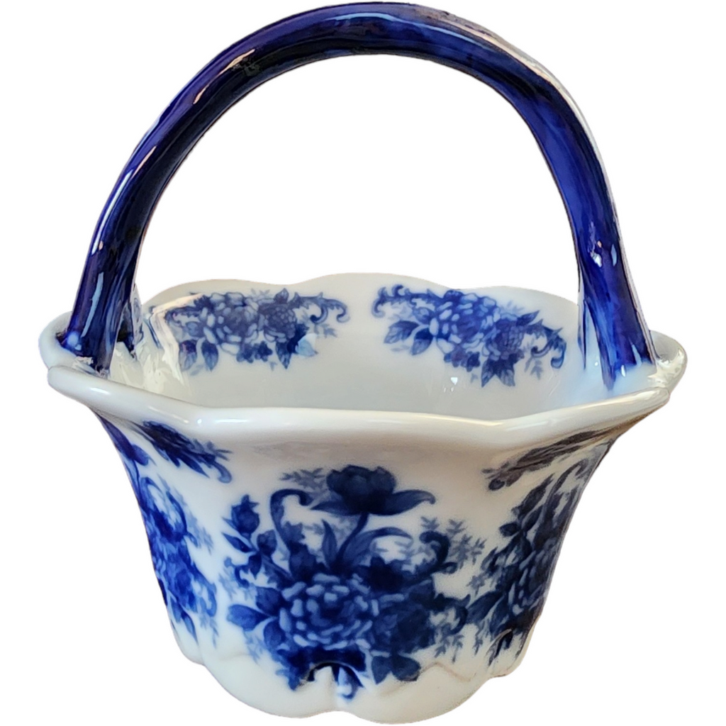 6" Cracker Barrel Blue And White Handled Basket