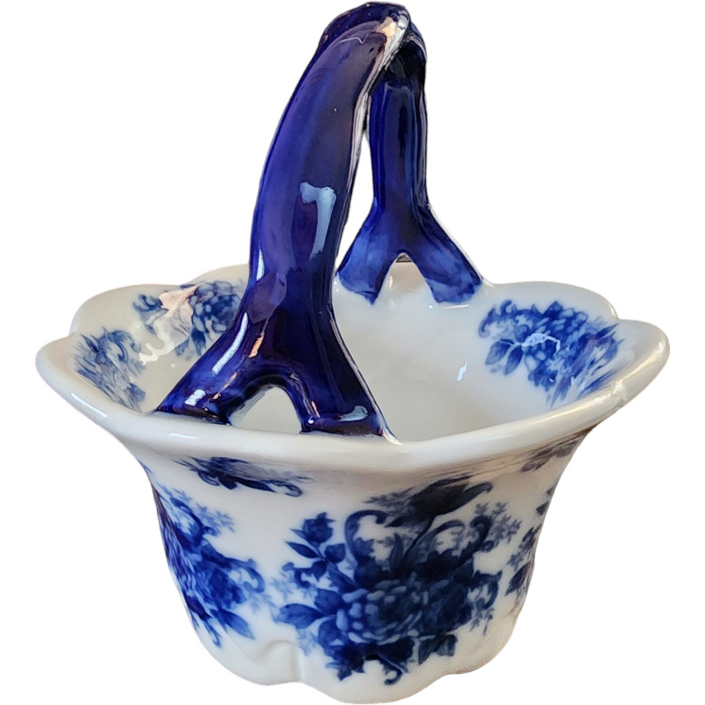 6" Cracker Barrel Blue And White Handled Basket