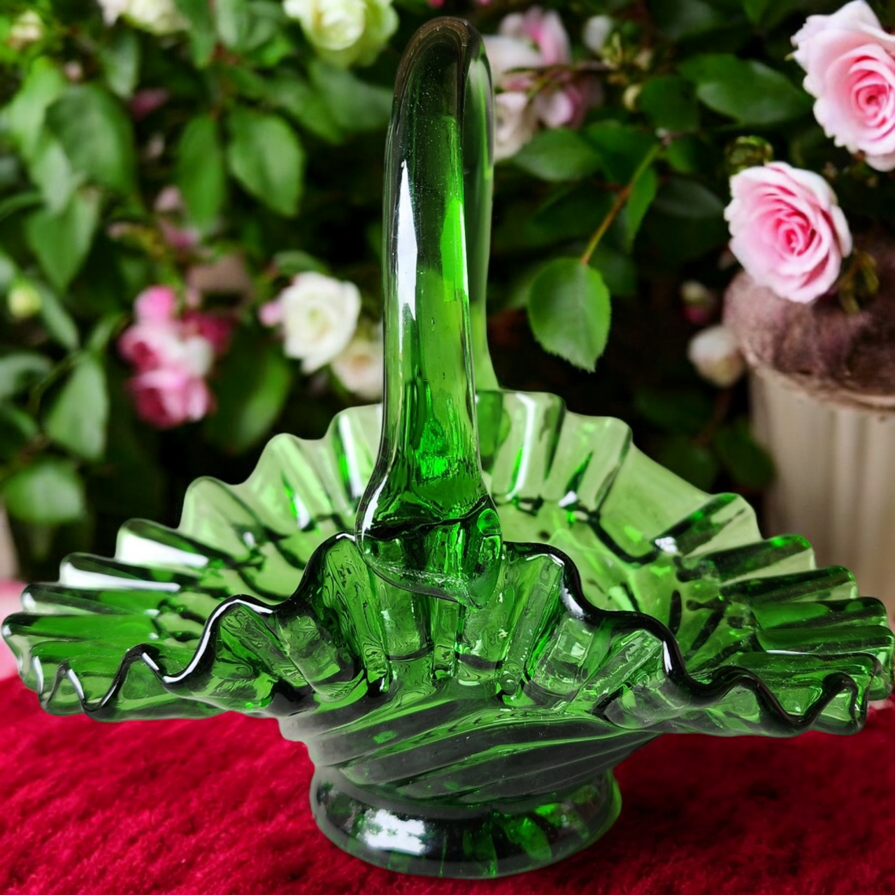 6" Emerald Green Art Glass Basket Vase