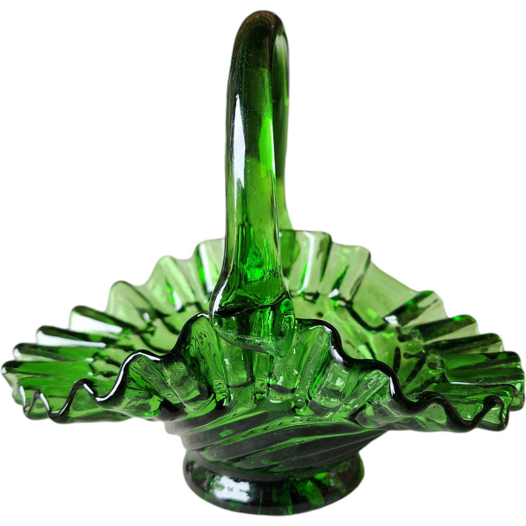 6" Emerald Green Art Glass Basket Vase