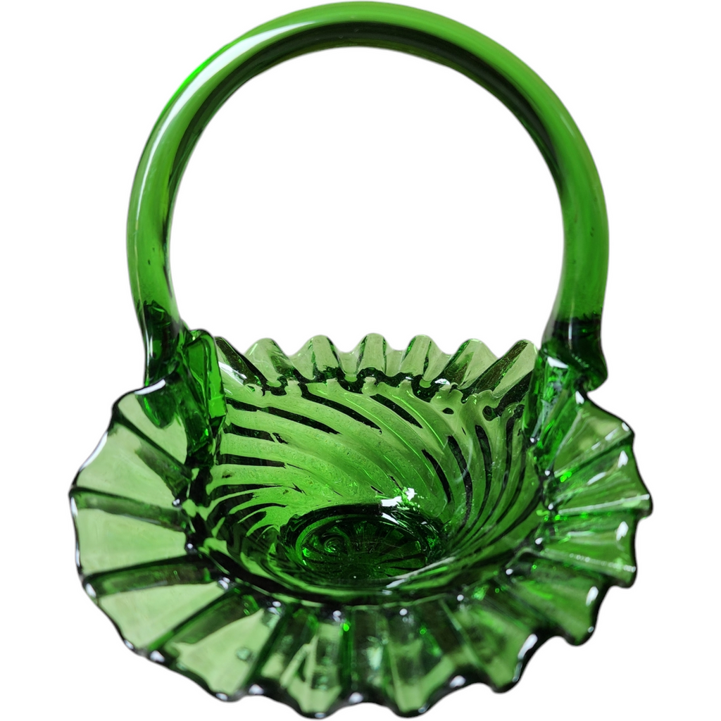 6" Emerald Green Art Glass Basket Vase