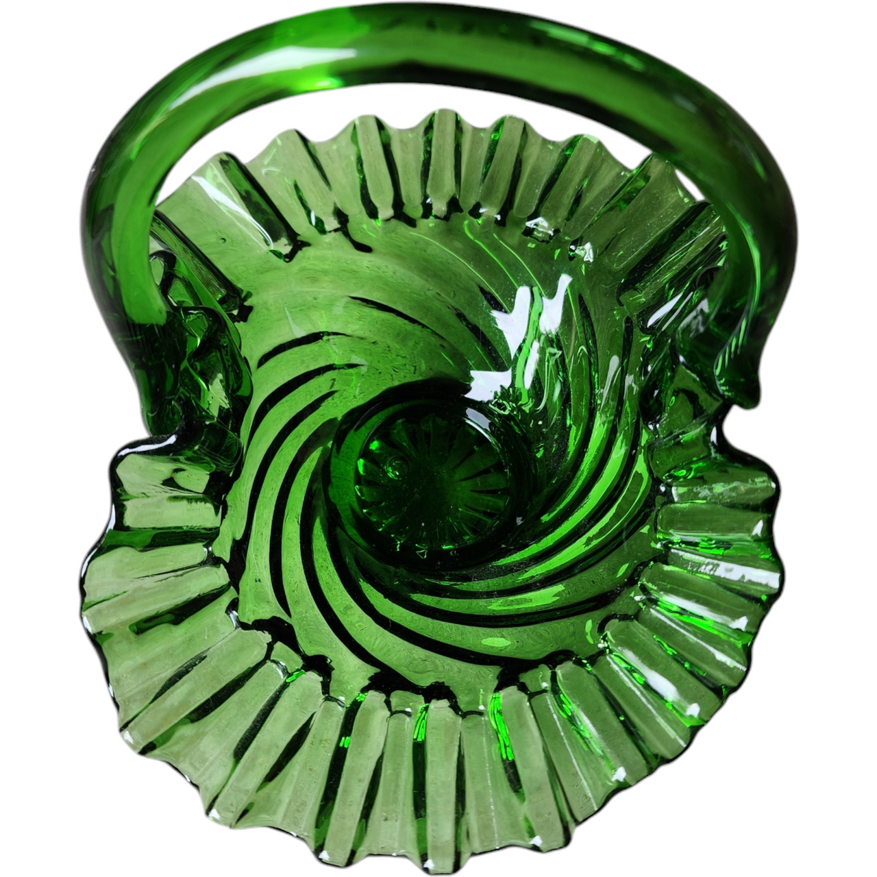 6" Emerald Green Art Glass Basket Vase