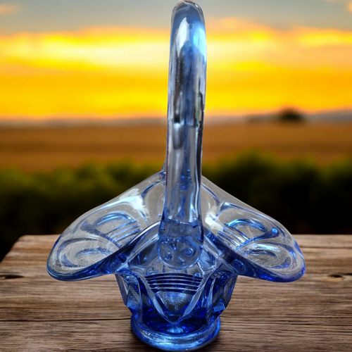 6" Fenton Art Glass Small Periwinkle Blue Basket Vase