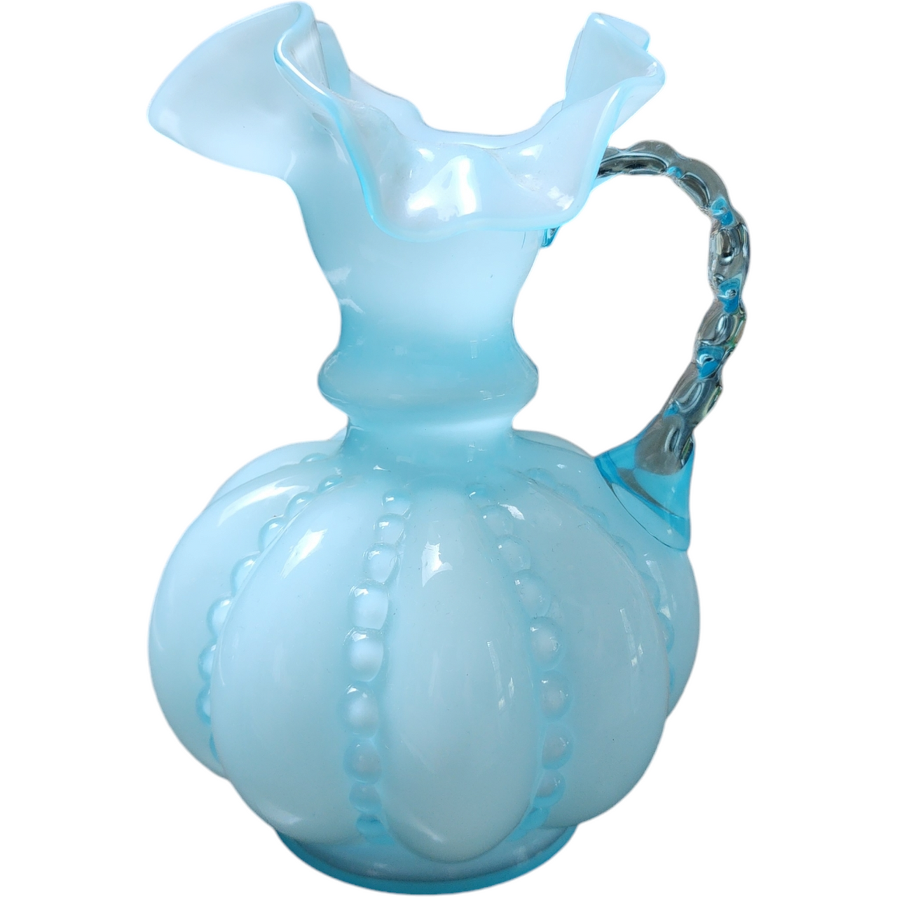 6 Fenton Blue Overlay Ruffled Melon Pitcher