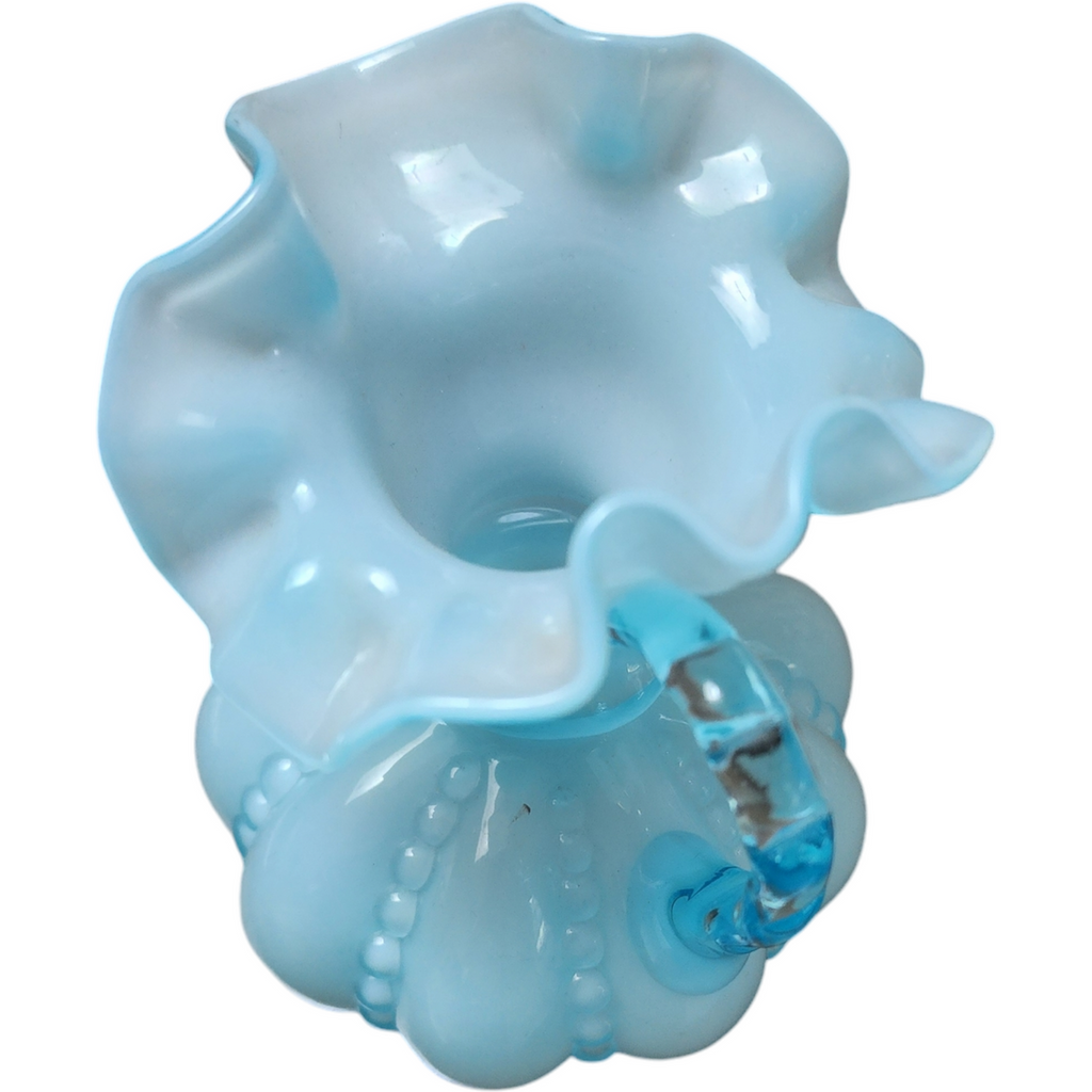 6 Fenton Blue Overlay Ruffled Melon Pitcher
