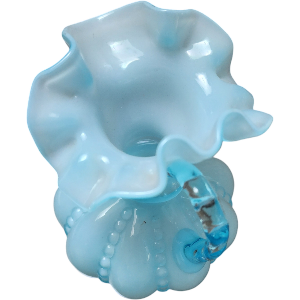 6 Fenton Blue Overlay Ruffled Melon Pitcher