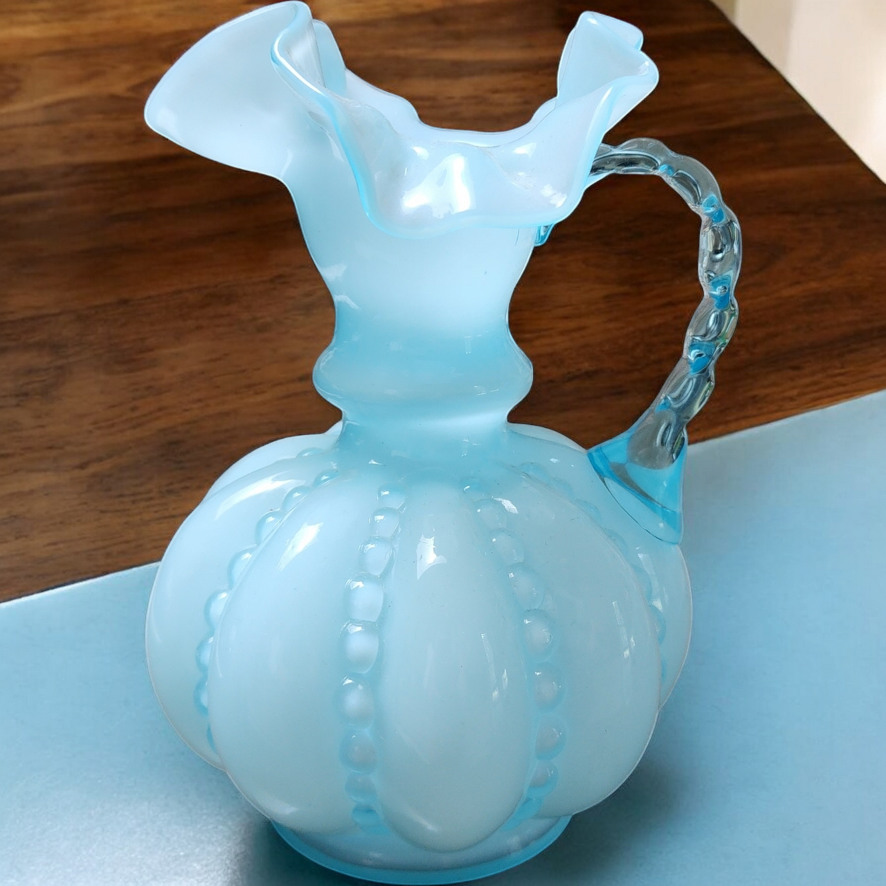 6 Fenton Blue Overlay Ruffled Melon Pitcher
