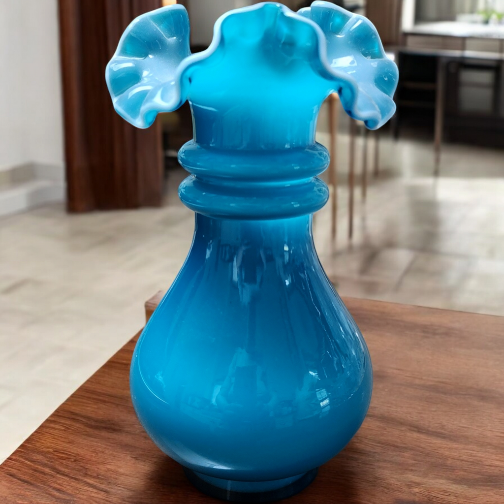 6" Fenton Jamestown Double Ring Cased Ruffled Blue Teal Vase