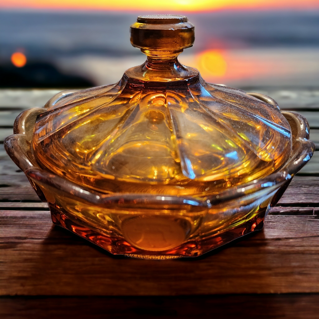 6" Fostoria Coin Glass Amber Round Candy Dish & Lid