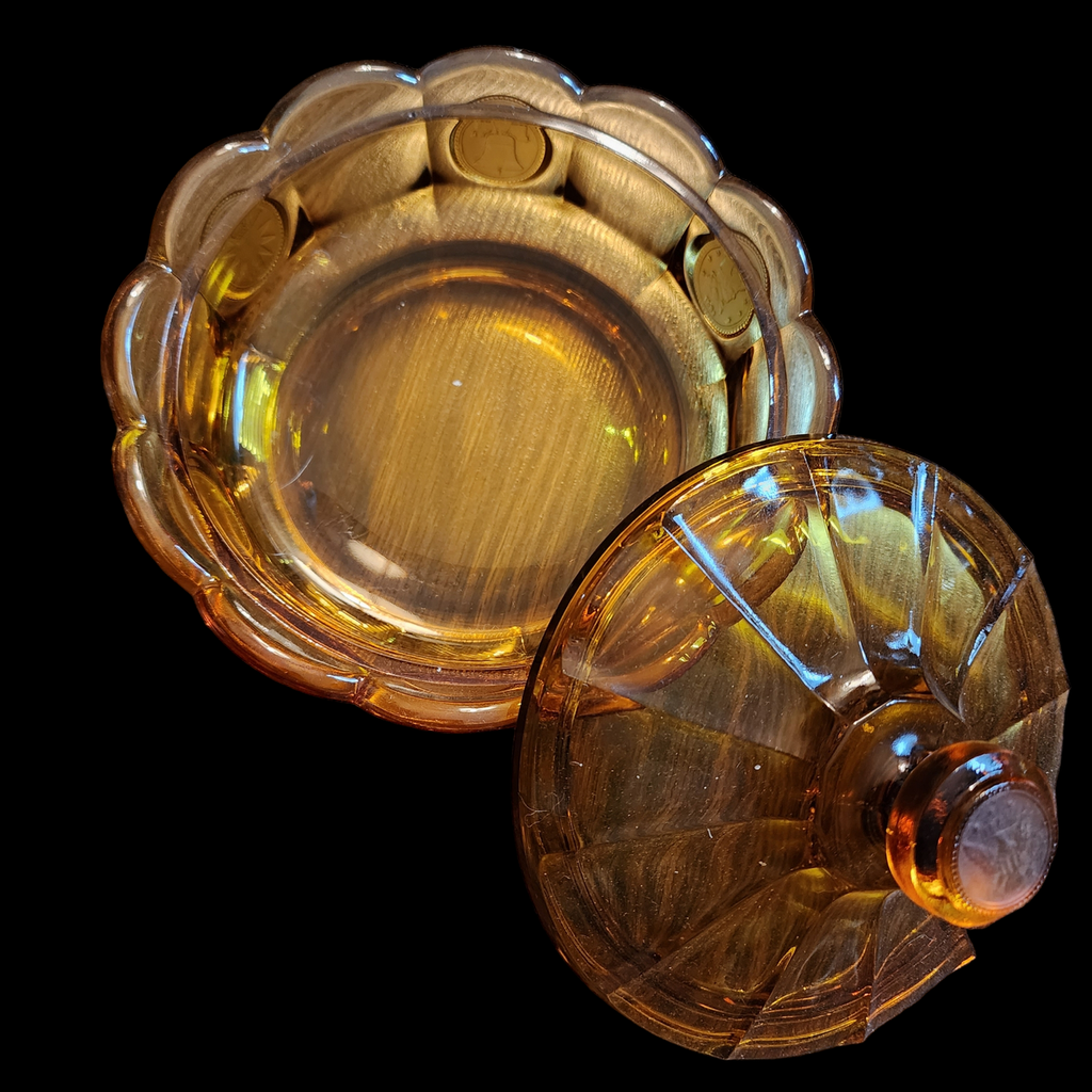6" Fostoria Coin Glass Amber Round Candy Dish & Lid