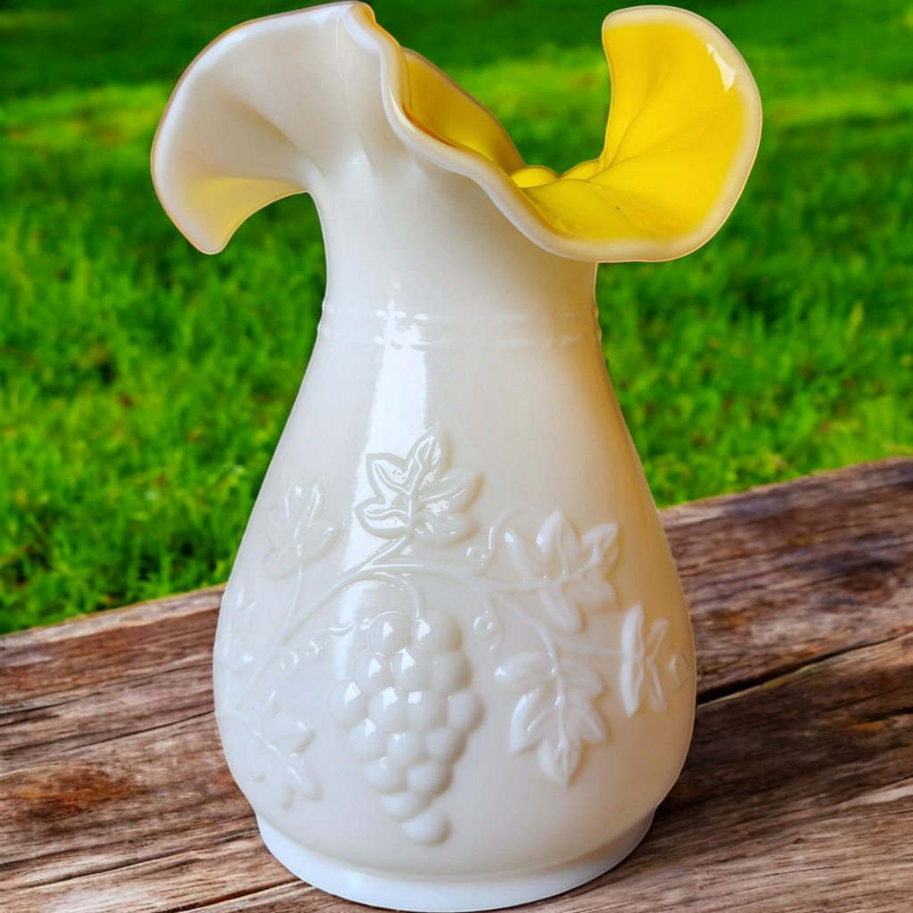 6" Kanawha Grape Pressed Milk Glass Double Crimped Vase
