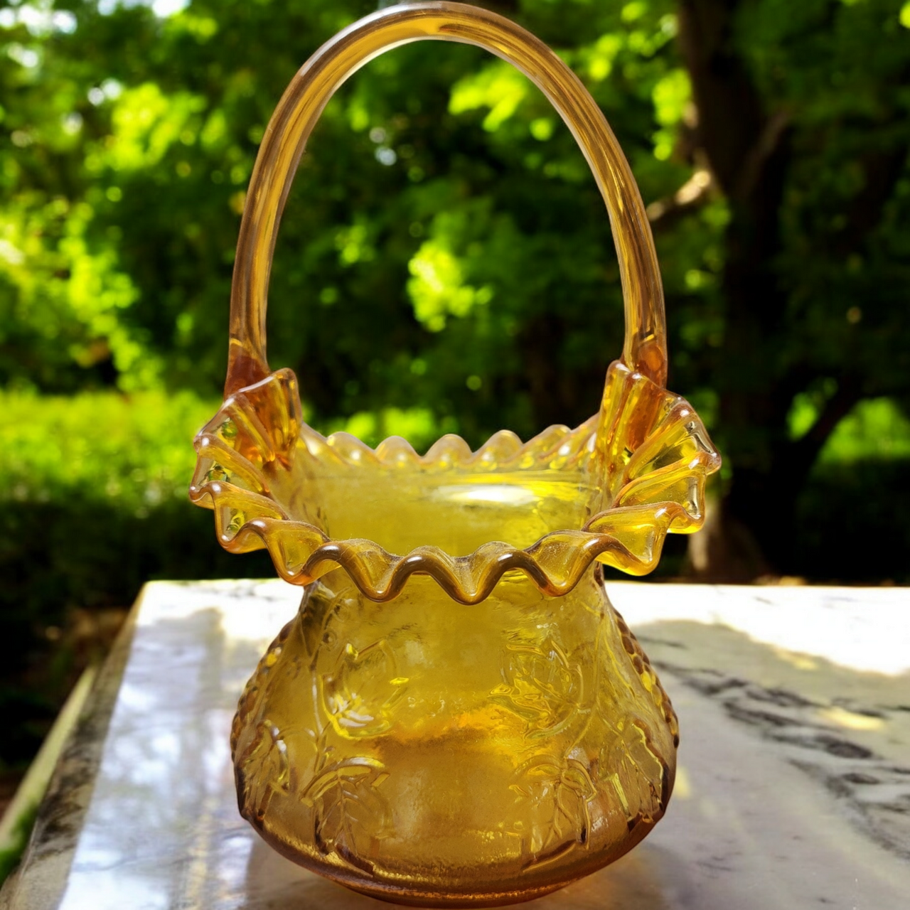 Kanawha Amber Grape Pressed Glass Double Crimped Basket