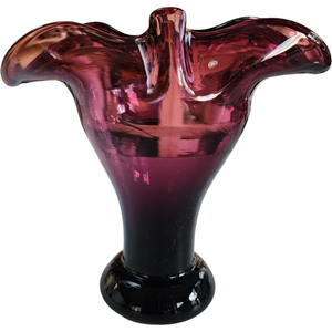 6" Mid Century Hand Blown Amethyst Art Glass Vase With Wide Ruffled Lip