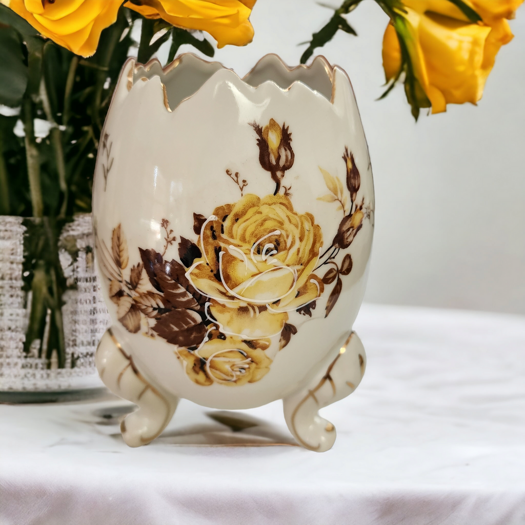 6" Napco Ceramic Gold Roses Brown Leaves Cracked Egg Footed Vase