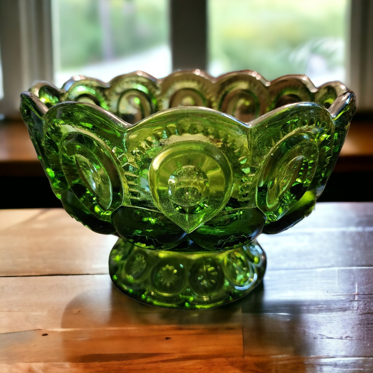 6" Smith Glass Moon and Star Green Compote No Lid