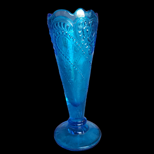 6" Smith Glass Vintage Blue Beaded Scrolls Bud Vase
