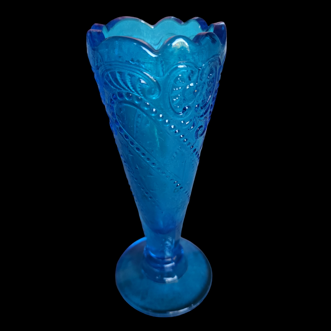6" Smith Glass Vintage Blue Beaded Scrolls Bud Vase