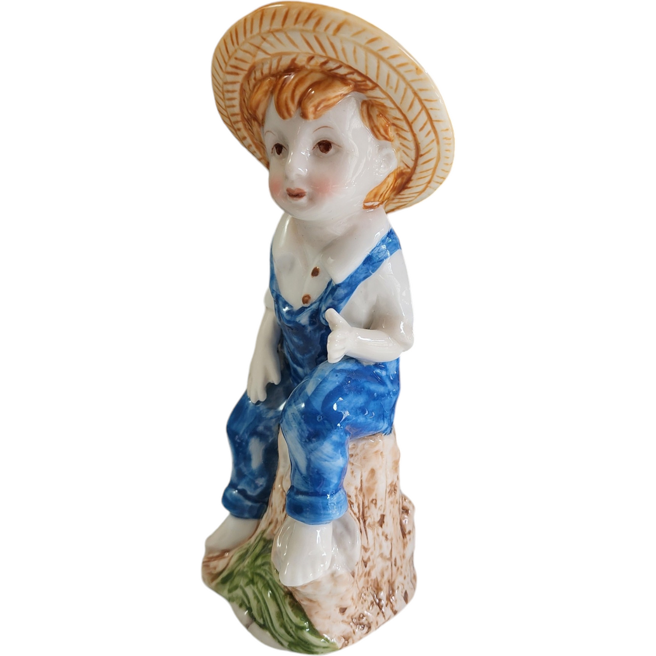6" Young Farmer Boy Straw Hat Glazed Porcelain Figurine