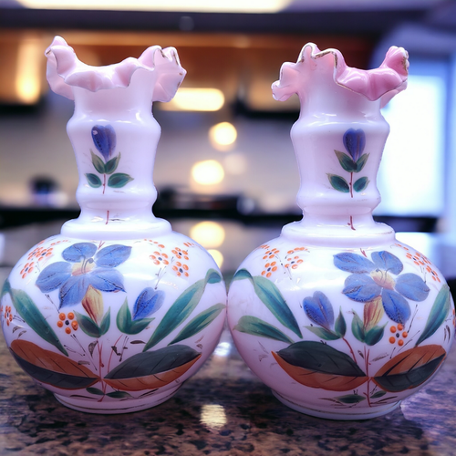 7.5" Pair Victorian Pontil Mark Bristol Hand Painted Botanical Motifs Vase