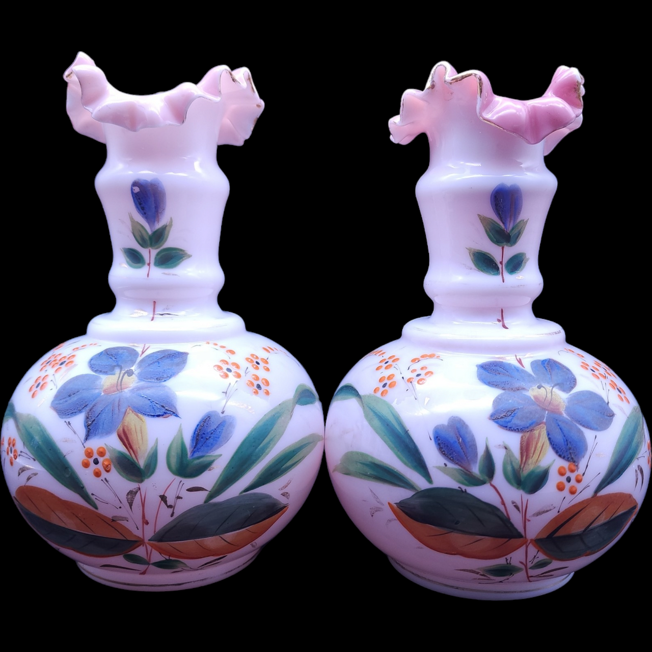 7.5" Pair Victorian Pontil Mark Bristol Hand Painted Botanical Motifs Vase
