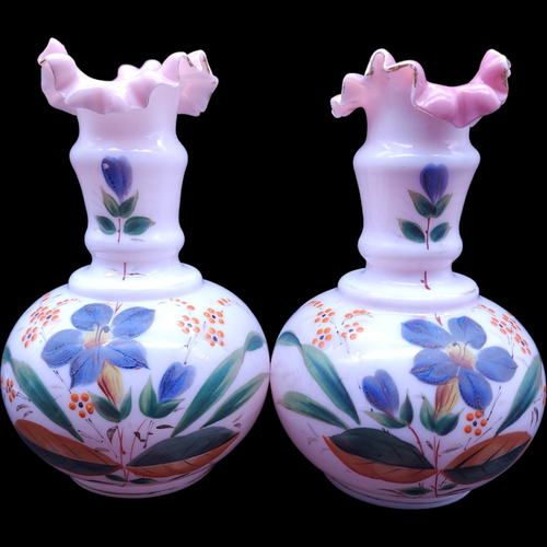 7.5" Pair Victorian Pontil Mark Bristol Hand Painted Botanical Motifs Vase