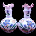 7.5" Pair Victorian Pontil Mark Bristol Hand Painted Botanical Motifs Vase