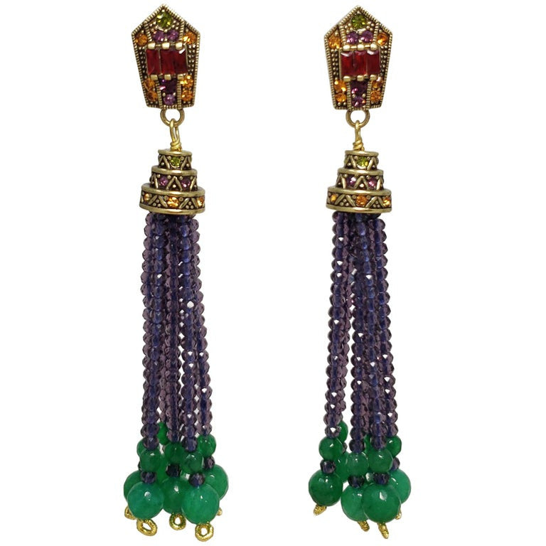 Heidi Daus "Windsor Tassels" Beaded Drop Earrings in Purple, Green, Crystals