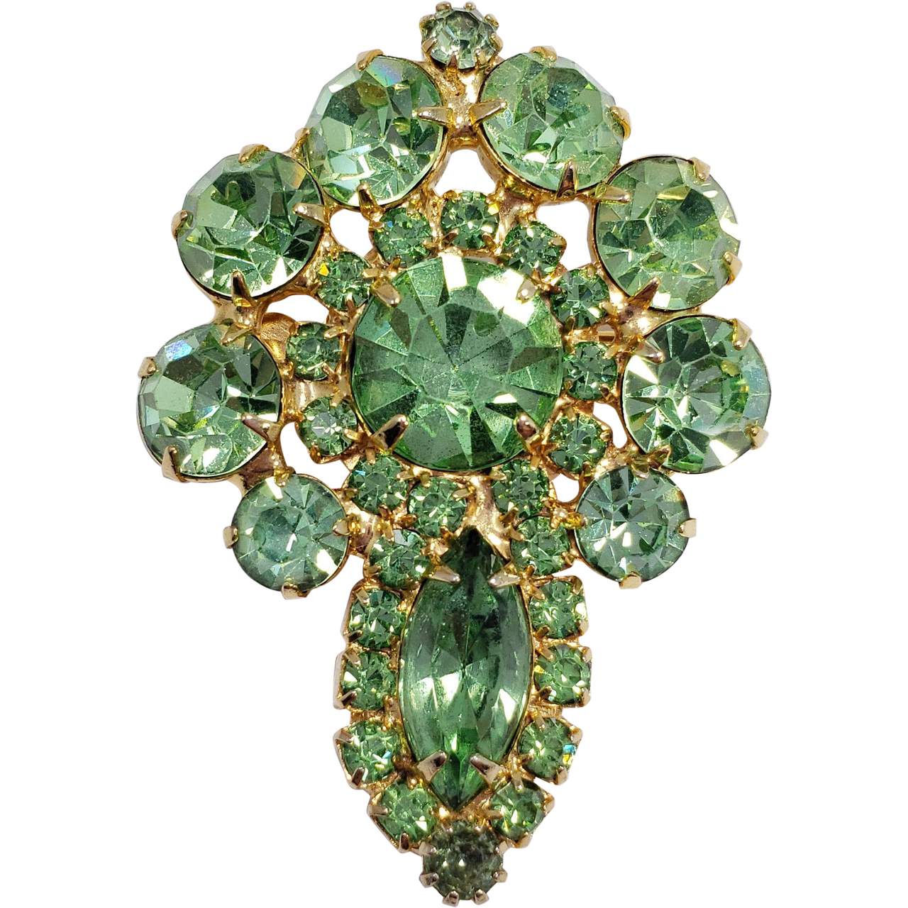 Vintage Green-Colored Rhinestone Prong Set Pin Brooch