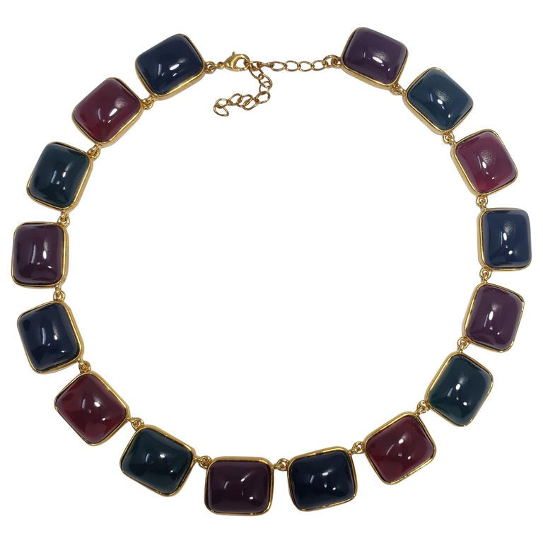 Kenneth Jay Lane KJL Multicolor Jelly Cabochon Gold Bezel Link Necklace