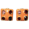 Kenneth Jay Lane KJL Coral Enamel Bezel Ruby Crystal Square Clip on Earrings