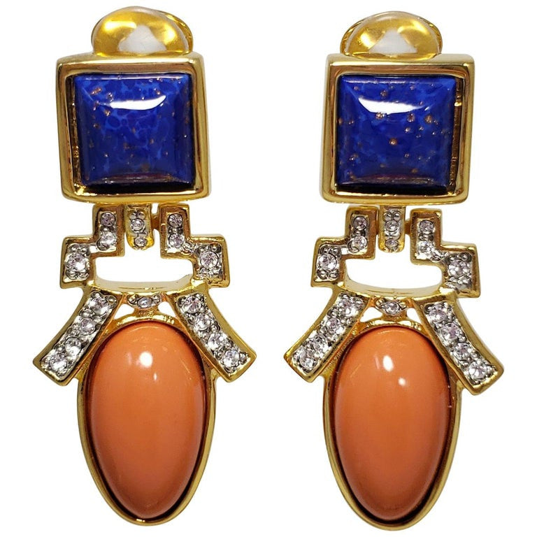 Kenneth Jay Lane KJL Lapis Lazuli and Coral Art Deco Dangling Clip On Earrings