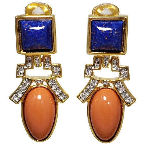 Kenneth Jay Lane KJL Lapis Lazuli and Coral Art Deco Dangling Clip On Earrings