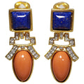 Kenneth Jay Lane KJL Lapis Lazuli and Coral Art Deco Dangling Clip On Earrings