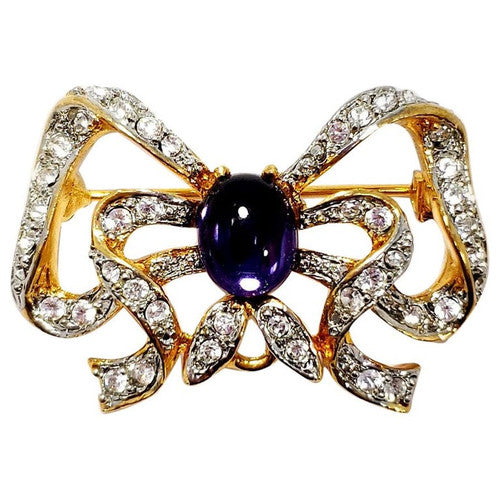 Kenneth Jay Lane Golden Bow Motif Pin Brooch, Amethyst Cabochon, Clear Crystals