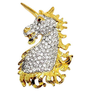 KJL Kenneth Jay Lane Unicorn Head Brooch in Gold, Pave Crystals