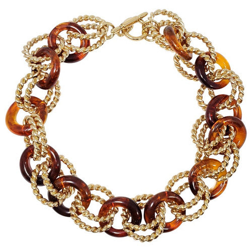 Kenneth Jay Lane KJL Link Necklace 18K Gold Plate, Faux Tortoiseshell Amber