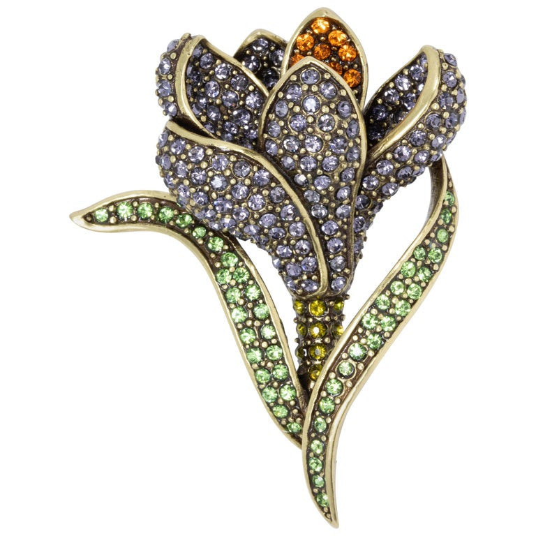 Heidi Daus Flowing Flower Pin Brooch, Crystals and Antique Brass Tone