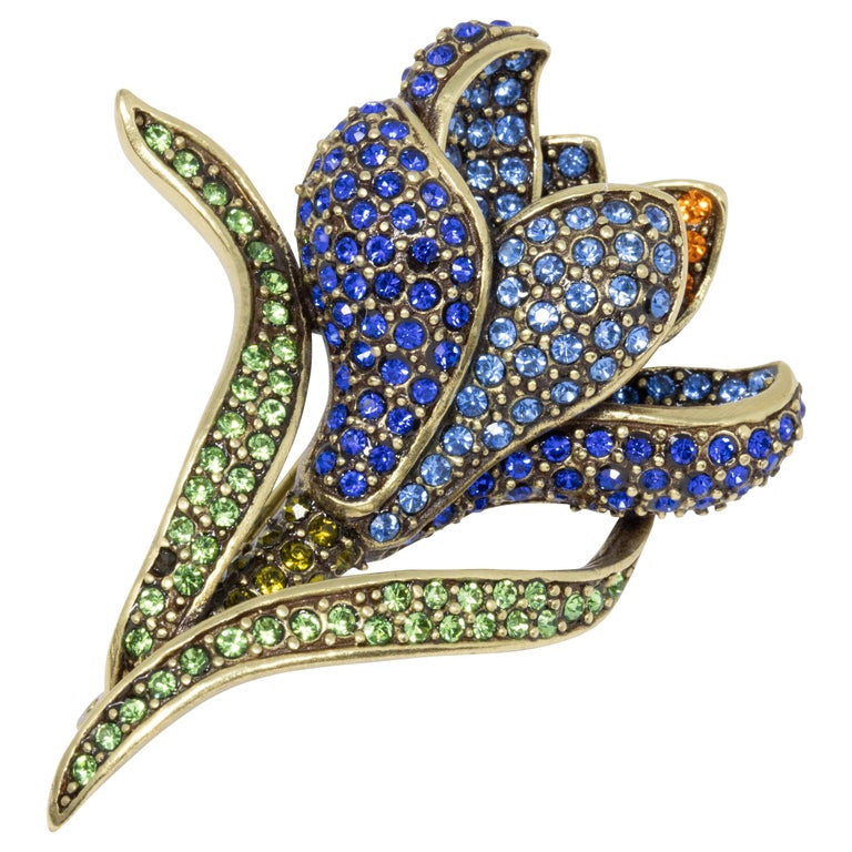 Heidi Daus Flowing Flower Pin Brooch  Pave Crystals and Antique Brass Tone