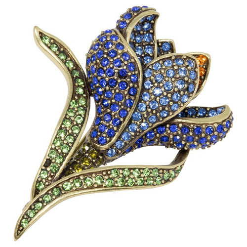 Heidi Daus Flowing Flower Pin Brooch  Pave Crystals and Antique Brass Tone
