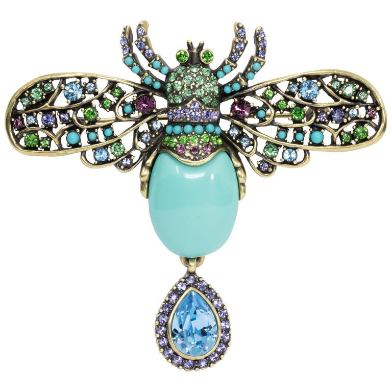Heidi Daus Bee Jeweled Embellished Turquoise Cabochon and Crystal Pin Brooch