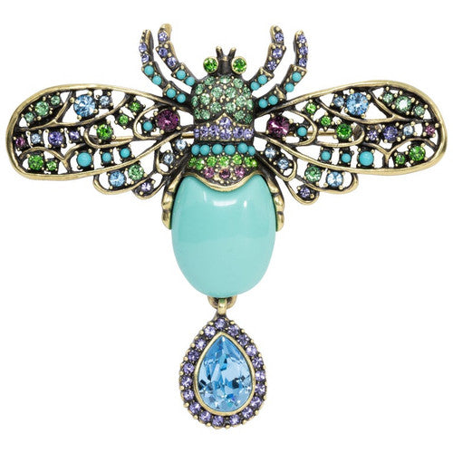 Heidi Daus Bee Jeweled Embellished Turquoise Cabochon and Crystal Pin Brooch